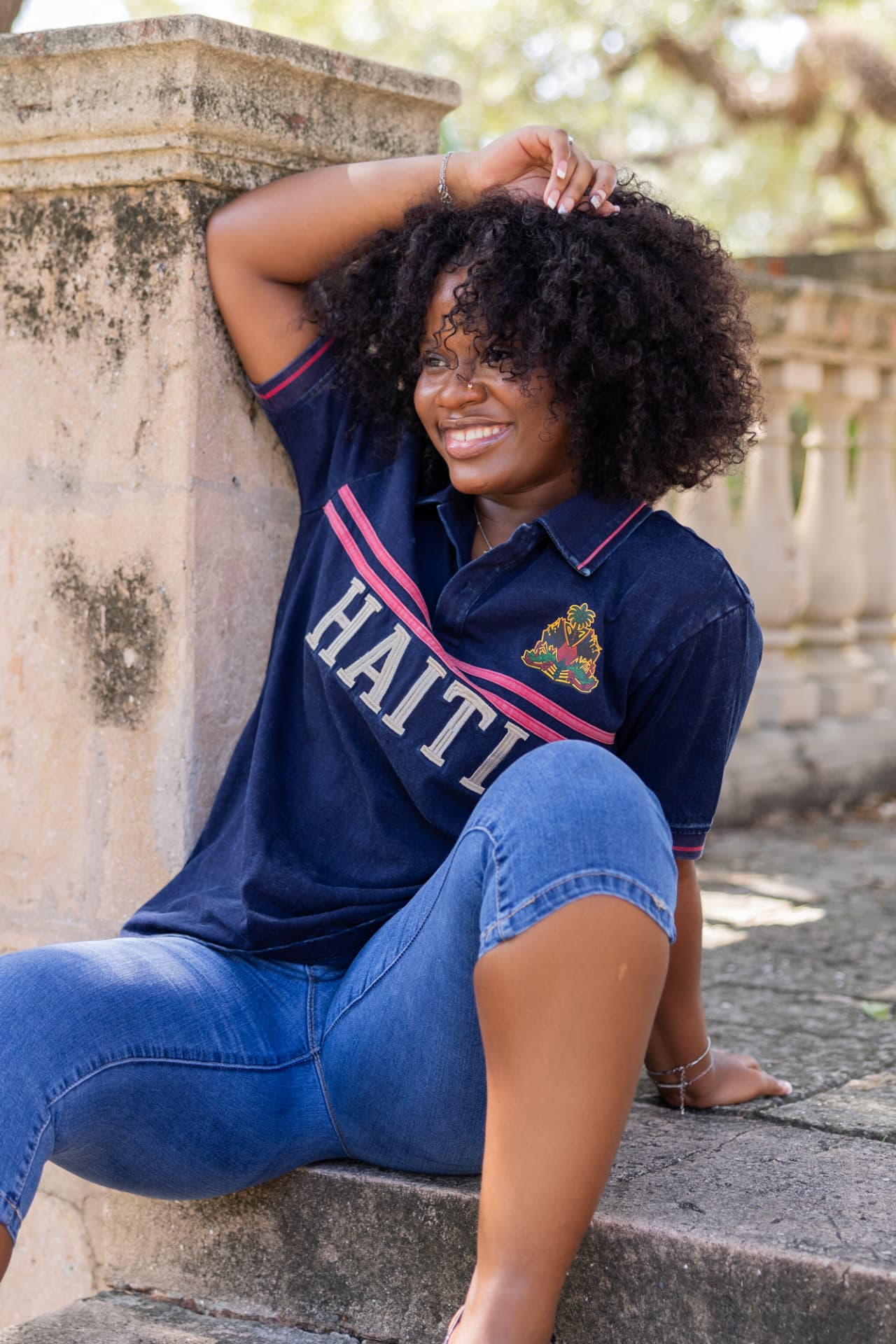 Navy heritage polo on the steps